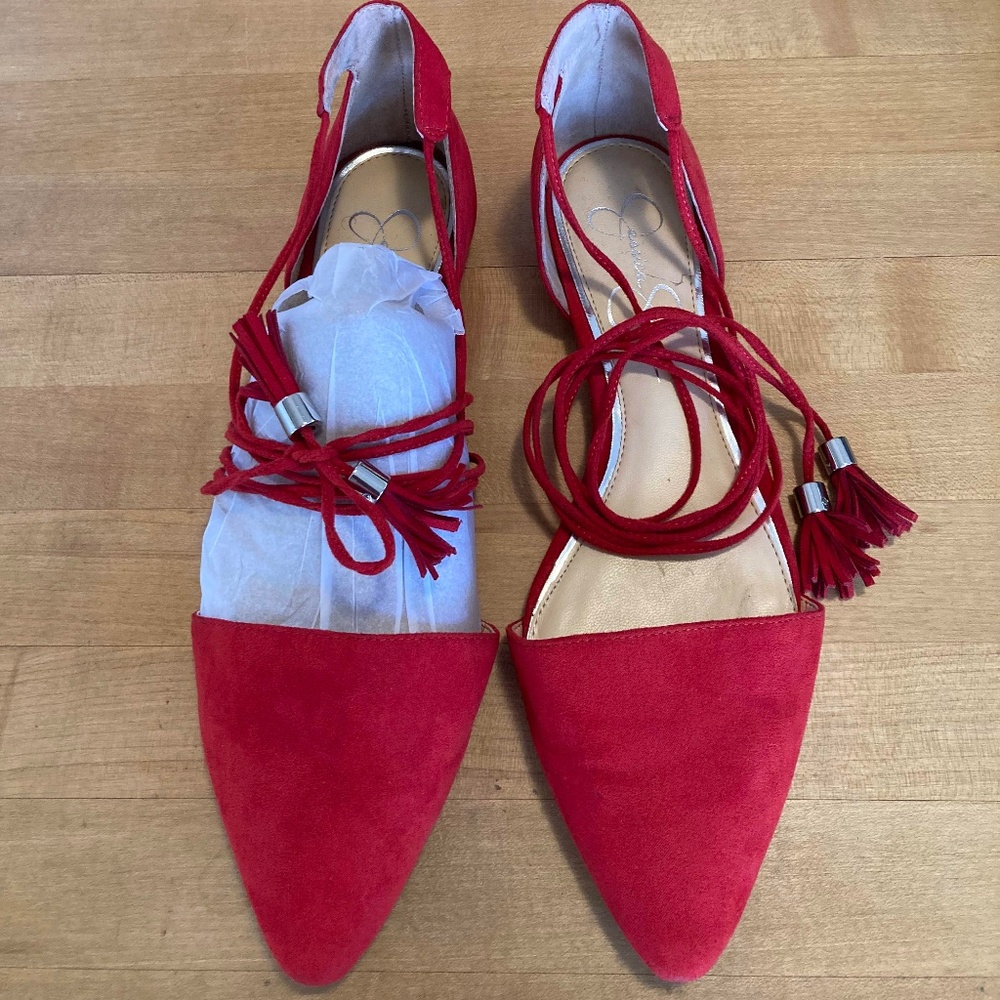 JESSICA SIMPSON Red Suede Textile Lace-up Flats - Size 8 - EUC.